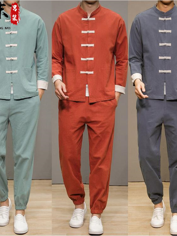 Health & Wellness Nurse Coach - 中国風の綿麻の唐服男性用伝統的なヘルスケアセンター禅瞑想長袖シャツとパンツセット